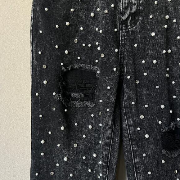 Pearl Rhinestone Distressed Black Straight Leg Denim Jeans Size S - Picture 4 of 5